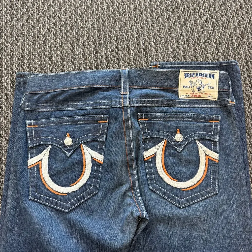 True Religion Straight Jeans Mens Dark Wash Relaxed Straight Flap Pocket 38x33
